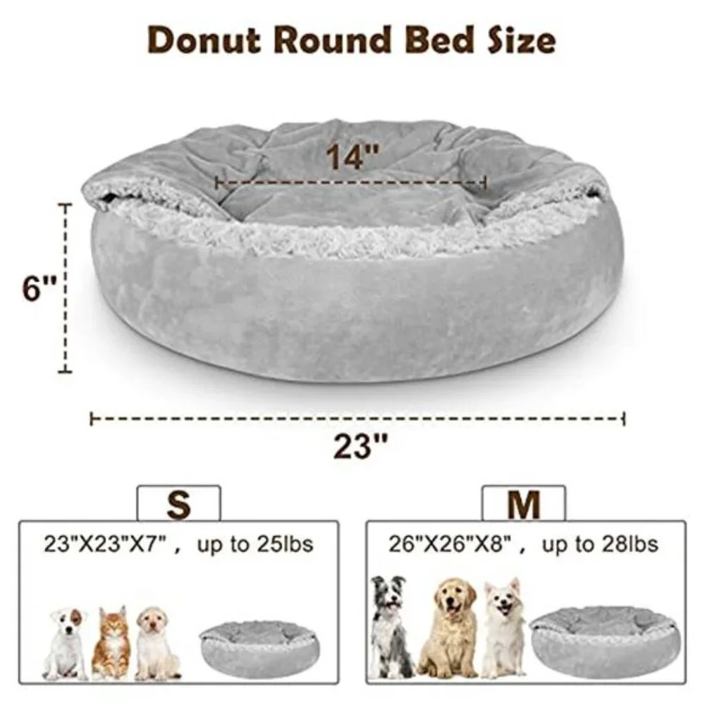 Small Dog Bed Cat Bed Hooded Cozy Cuddler Donut Round Calming Anti Anxiety Pet